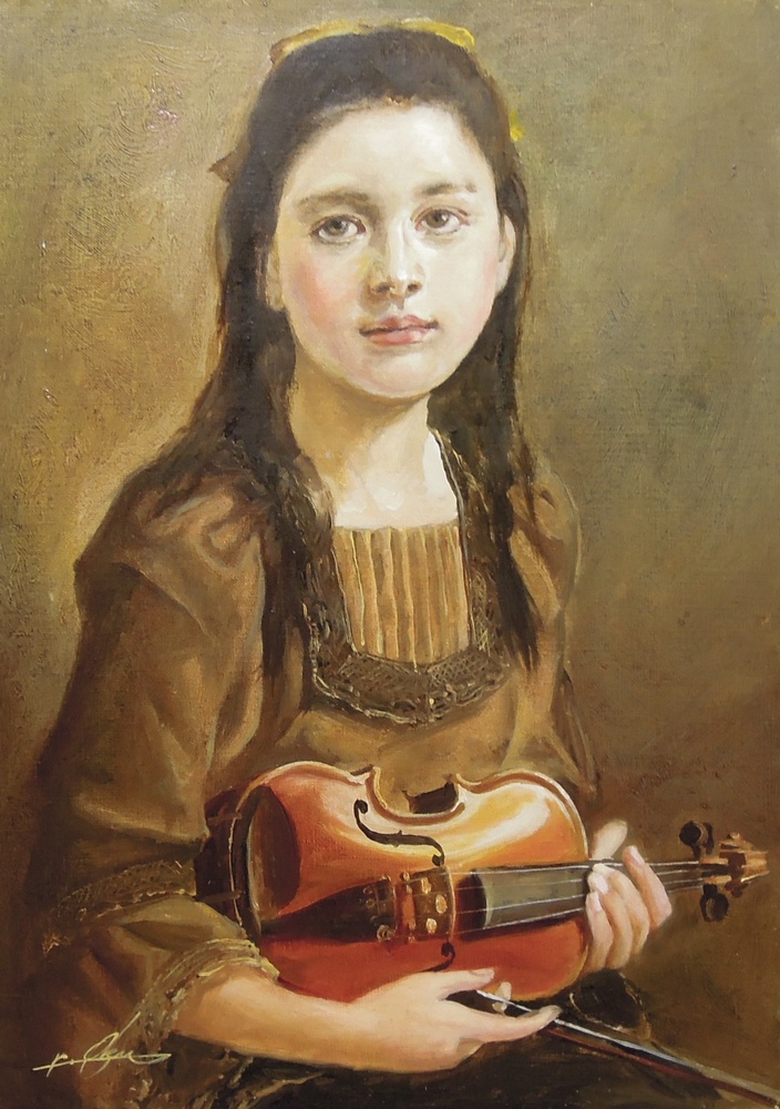 奥龍之介 『バイオリンの少女』 [古美術こもれび] 骨董,掛軸,絵画の 