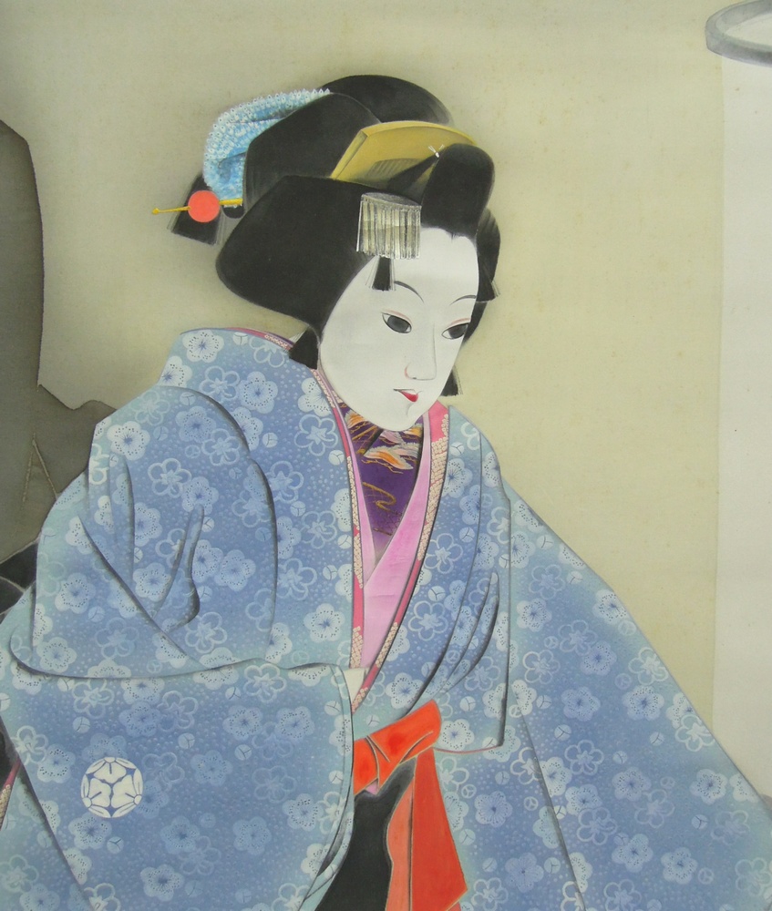 小川雨虹 美人画 肉筆 掛軸 日本画 鏡獅子舞 落款 下部余白に雨シミ